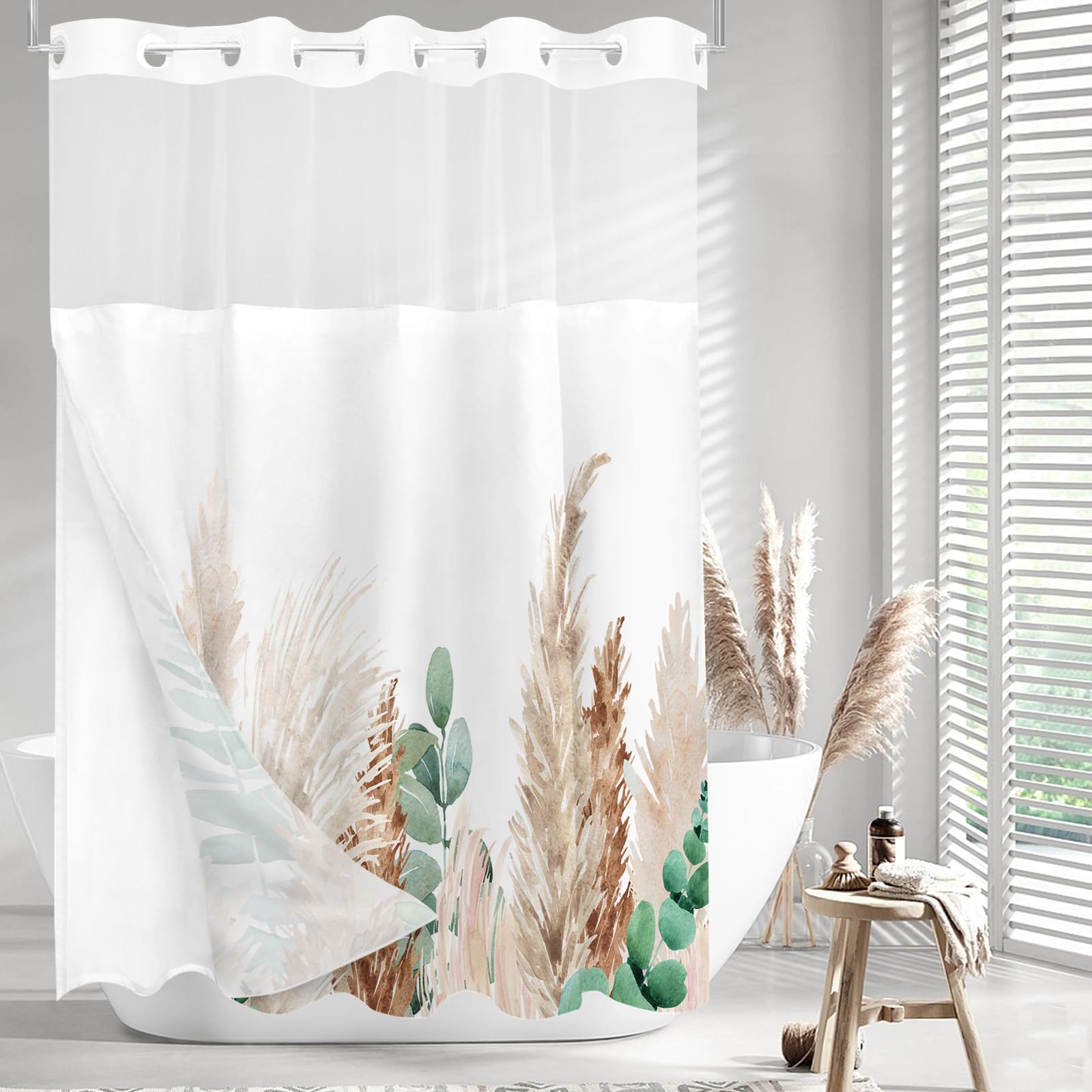 Tititex No Hooks Snap In Liner Dried Brown Pampas Grass Boho Leaves Shower Curtain Sets, Hotel Luxury Double Layers Waterproof F